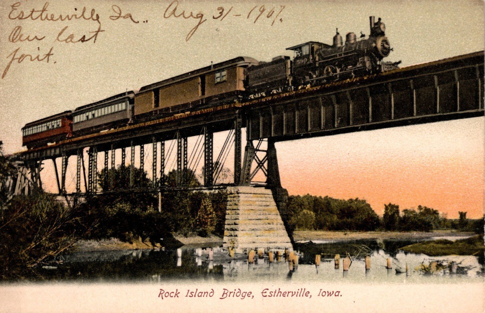 Postcard of bridge, taken in 1907 prior to replacement of truss span